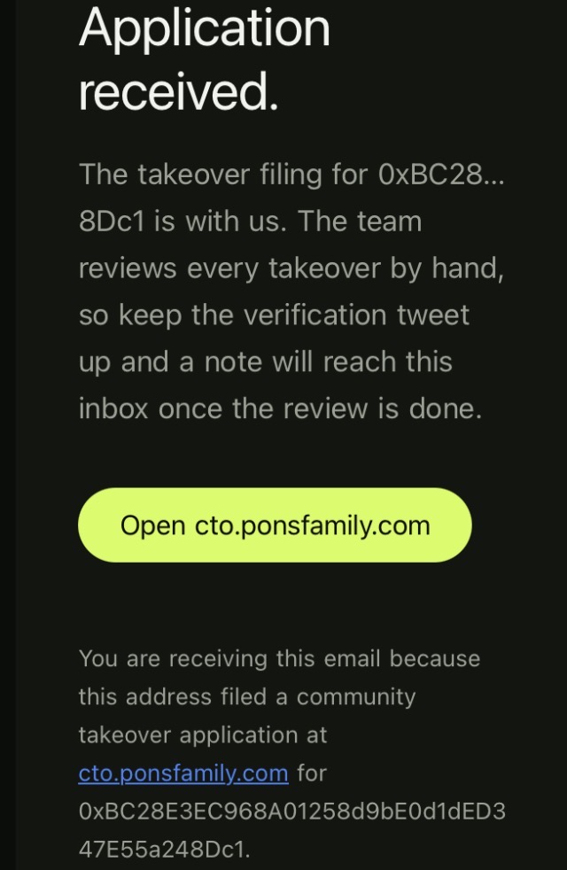 Email confirmation that the community takeover application was received for the PONS MUSE token and is under review