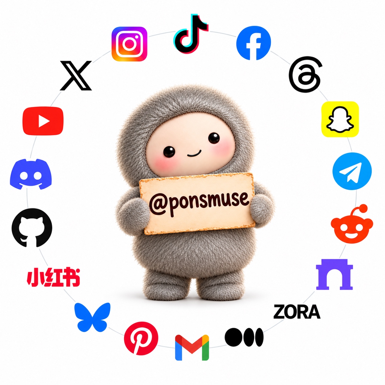 PONS MUSE holding an @ponsmuse sign, surrounded by social platform logos