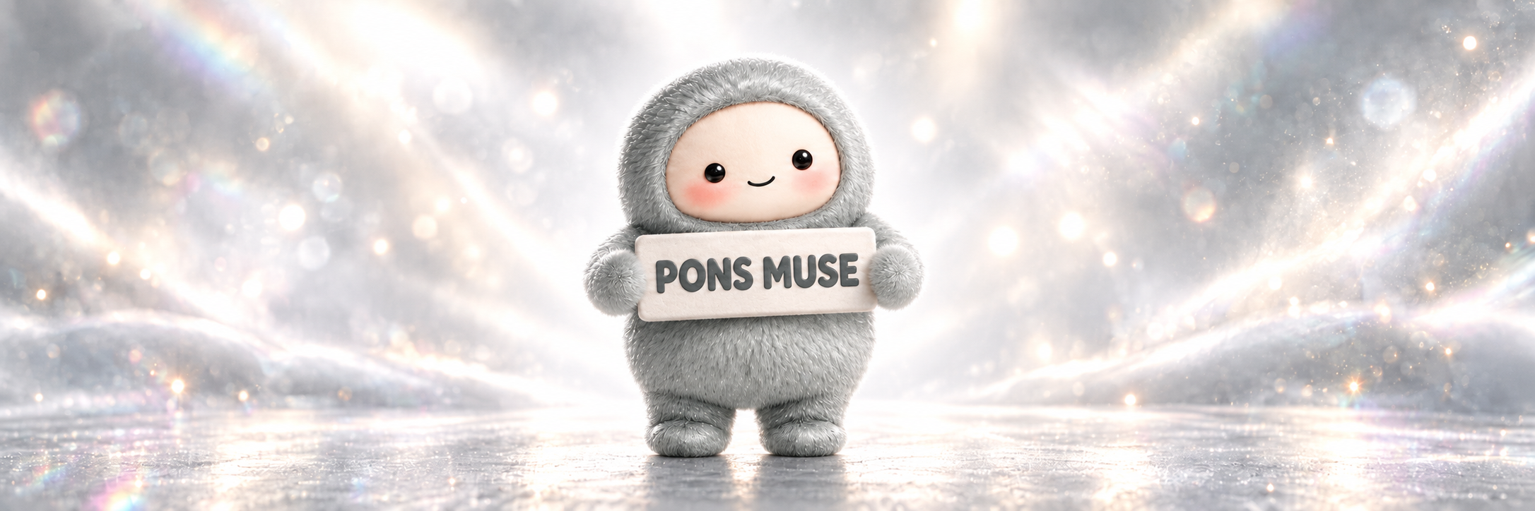 The silver PONS MUSE character, centered and holding a PONS MUSE sign